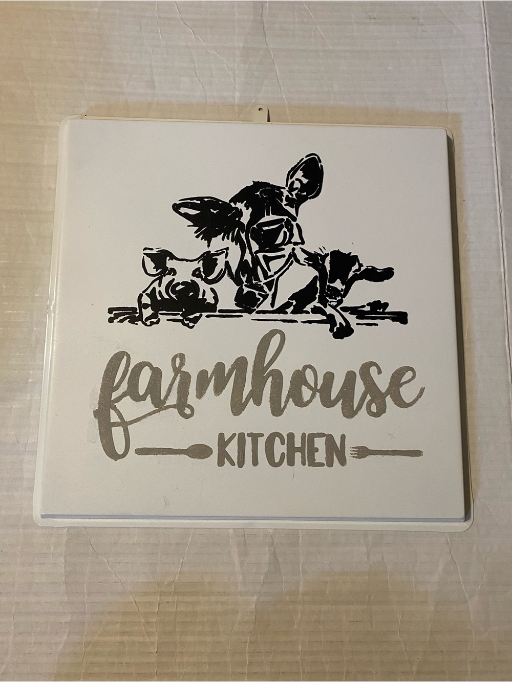 Farmhouse Kitchen white 12” square tin hanging sign